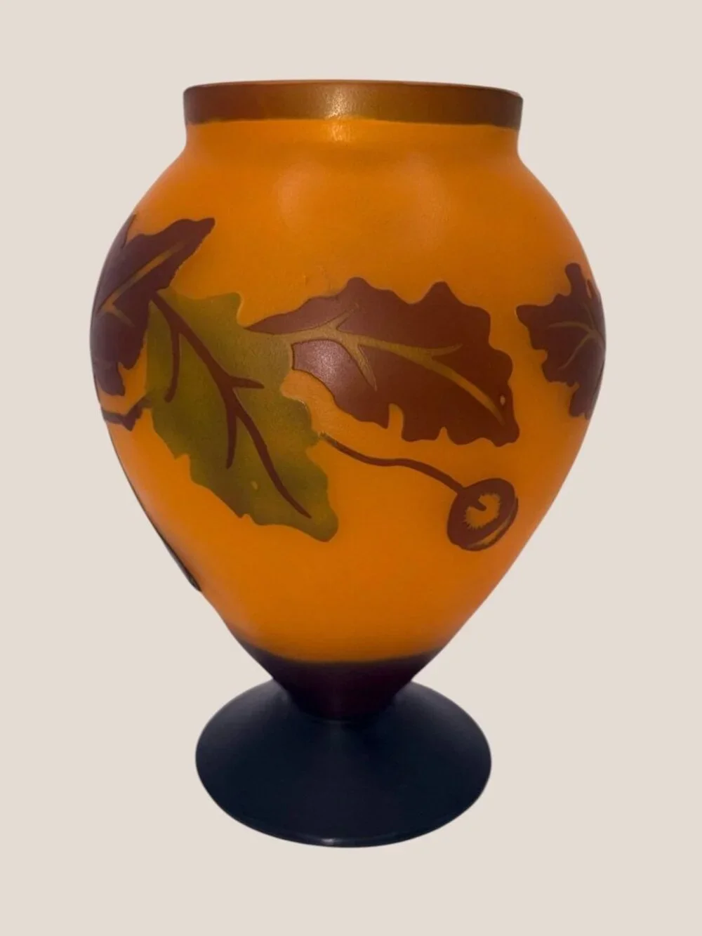 VTG Teleflora Cameo Autumn Oak Leaf Frosted Glass Vase Amber Orange Pedestal